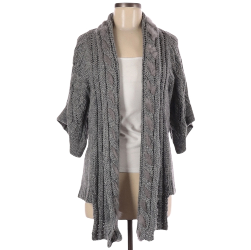 Sisters Cardigan Sweater M Gray Cable Knit Fur Trim 3/4 Sleeve Boho Preppy Warm